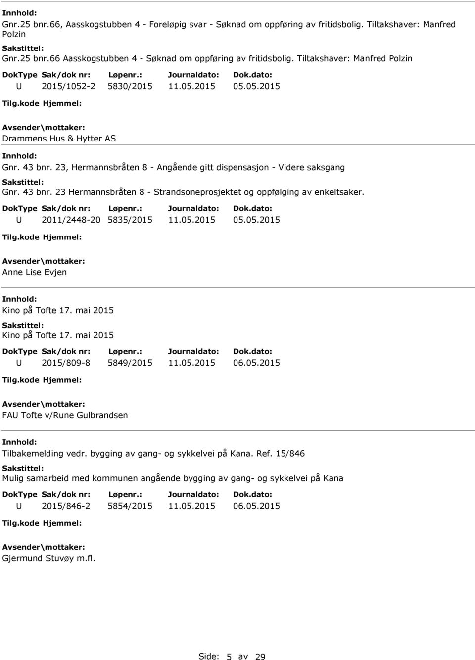 2011/2448-20 5835/2015 05.05.2015 Anne Lise Evjen Kino på Tofte 17. mai 2015 Kino på Tofte 17. mai 2015 2015/809-8 5849/2015 06.05.2015 FA Tofte v/rune Gulbrandsen Tilbakemelding vedr.