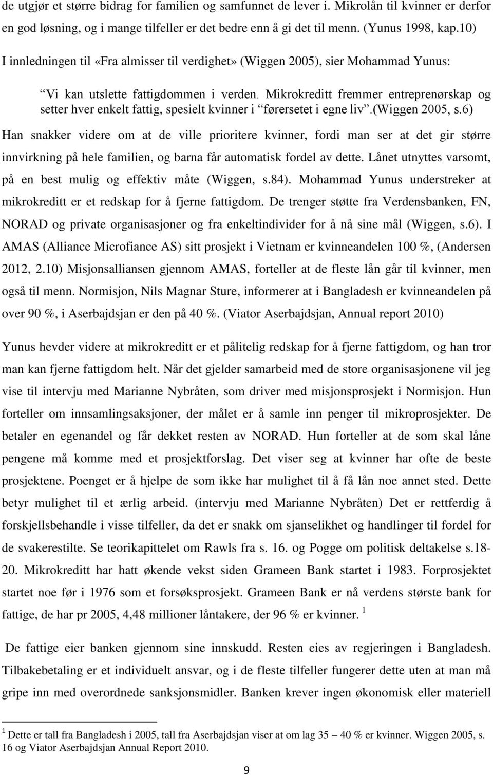 Mikrokreditt fremmer entreprenørskap og setter hver enkelt fattig, spesielt kvinner i førersetet i egne liv.(wiggen 2005, s.