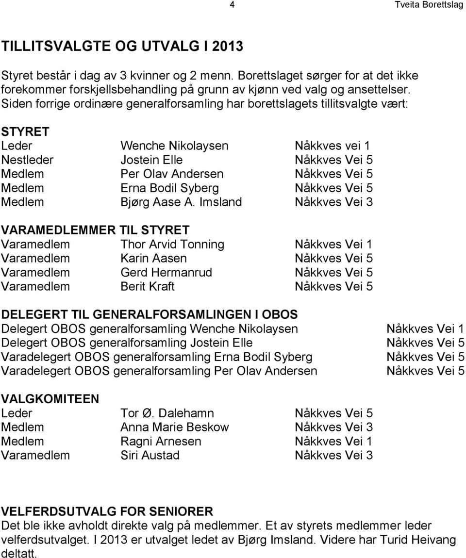 Siden forrige ordinære generalforsamling har borettslagets tillitsvalgte vært: STYRET Leder Wenche Nikolaysen Nåkkves vei 1 Nestleder Jostein Elle Nåkkves Vei 5 Medlem Per Olav Andersen Nåkkves Vei 5