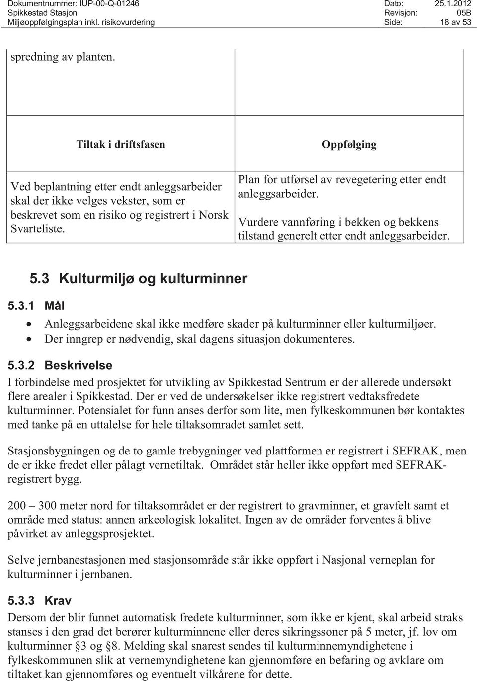 Plan for utførsel av revegetering etter endt anleggsarbeider. Vurdere vannføring i bekken og bekkens tilstand generelt etter endt anleggsarbeider. 5.3 