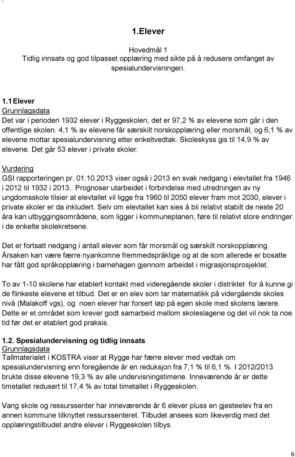 Vurdering GSI rapporteringen pr. 01.10.2013 viser også i 2013 en svak nedgang i elevtallet fra 1946 i 2012 til 1932 i 2013.