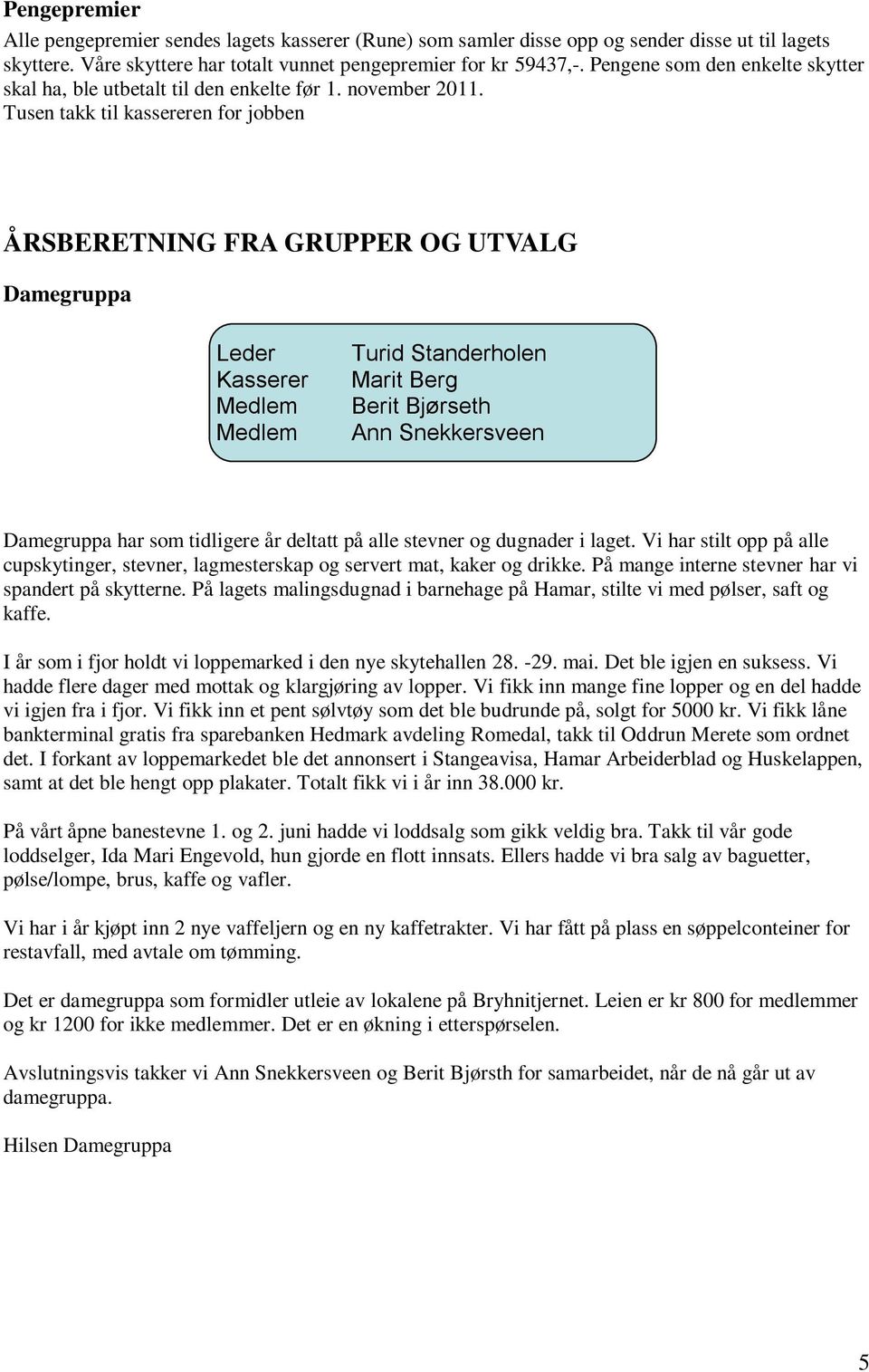 Tusen takk til kassereren for jobben ÅRSBERETNING FRA GRUPPER OG UTVALG Damegruppa Leder Kasserer Medlem Medlem Turid Standerholen Marit Berg Berit Bjørseth Ann Snekkersveen Damegruppa har som