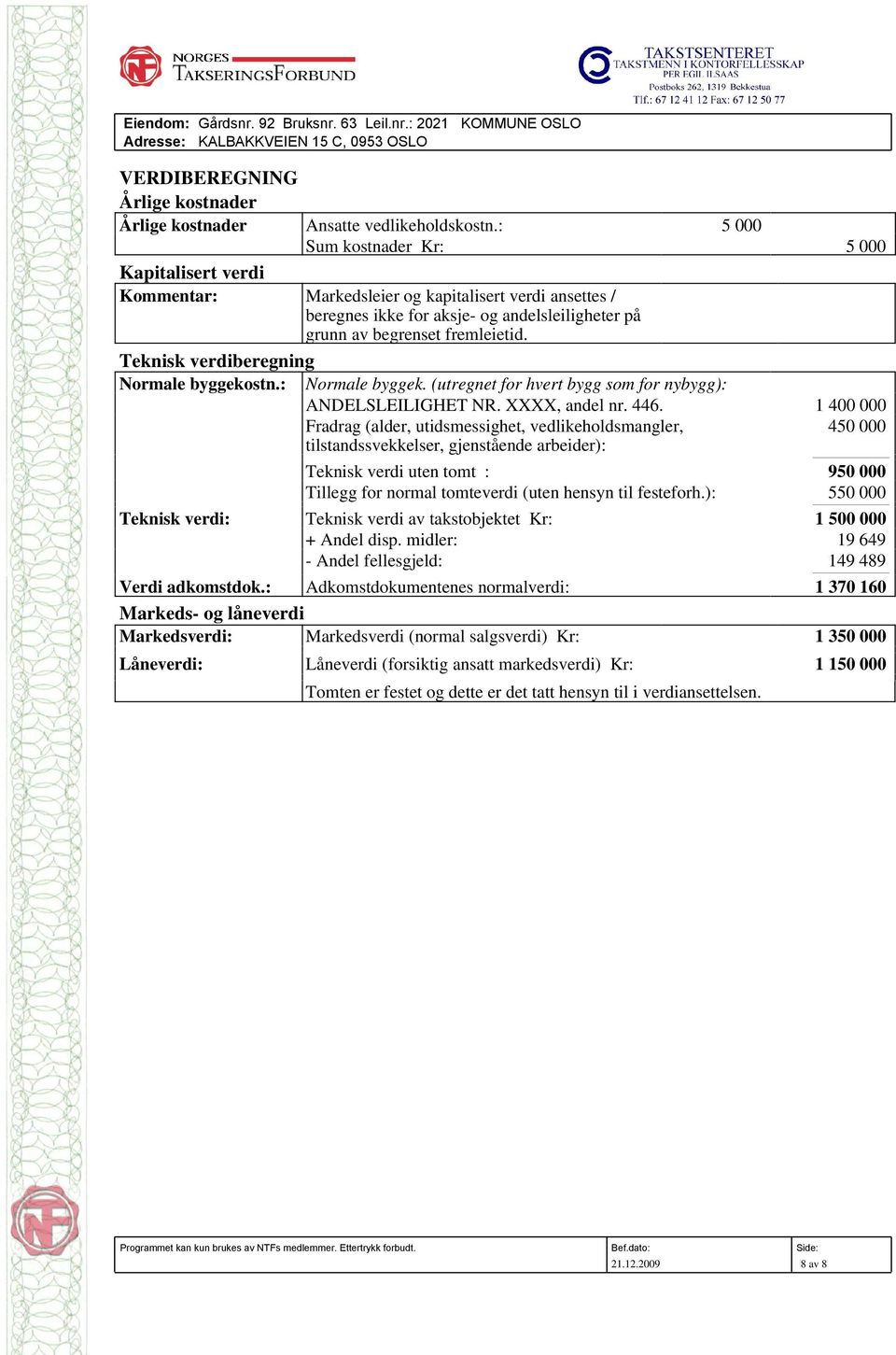 Teknisk verdiberegning Normale byggekostn.: Normale byggek. (utregnet for hvert bygg som for nybygg): ANDELSLEILIGHET NR. XXXX, andel nr. 446.