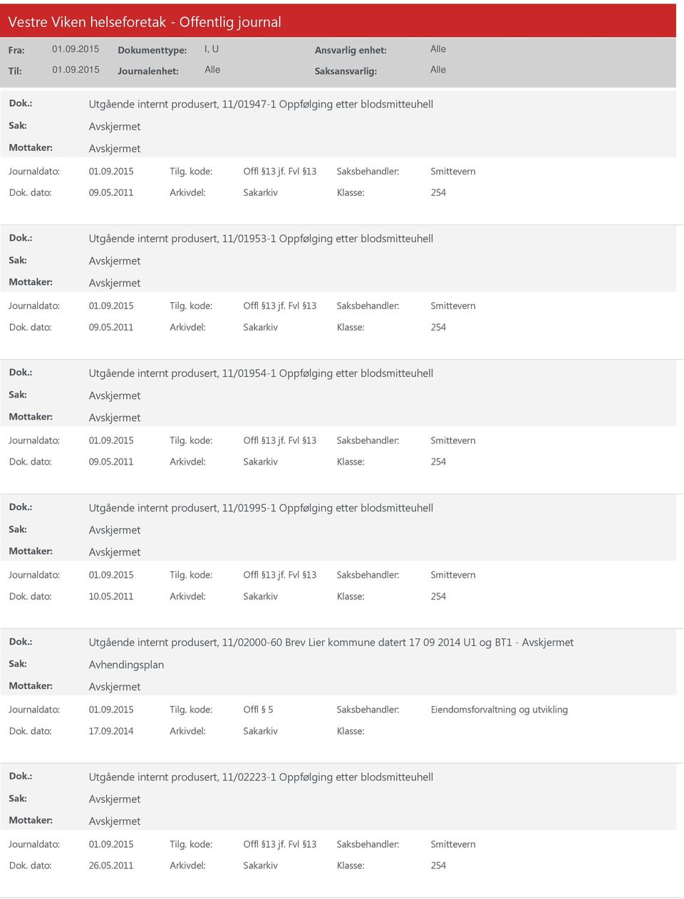 2011 254 tgående internt produsert, 11/01954-1 Oppfølging etter blodsmitteuhell 09.05.