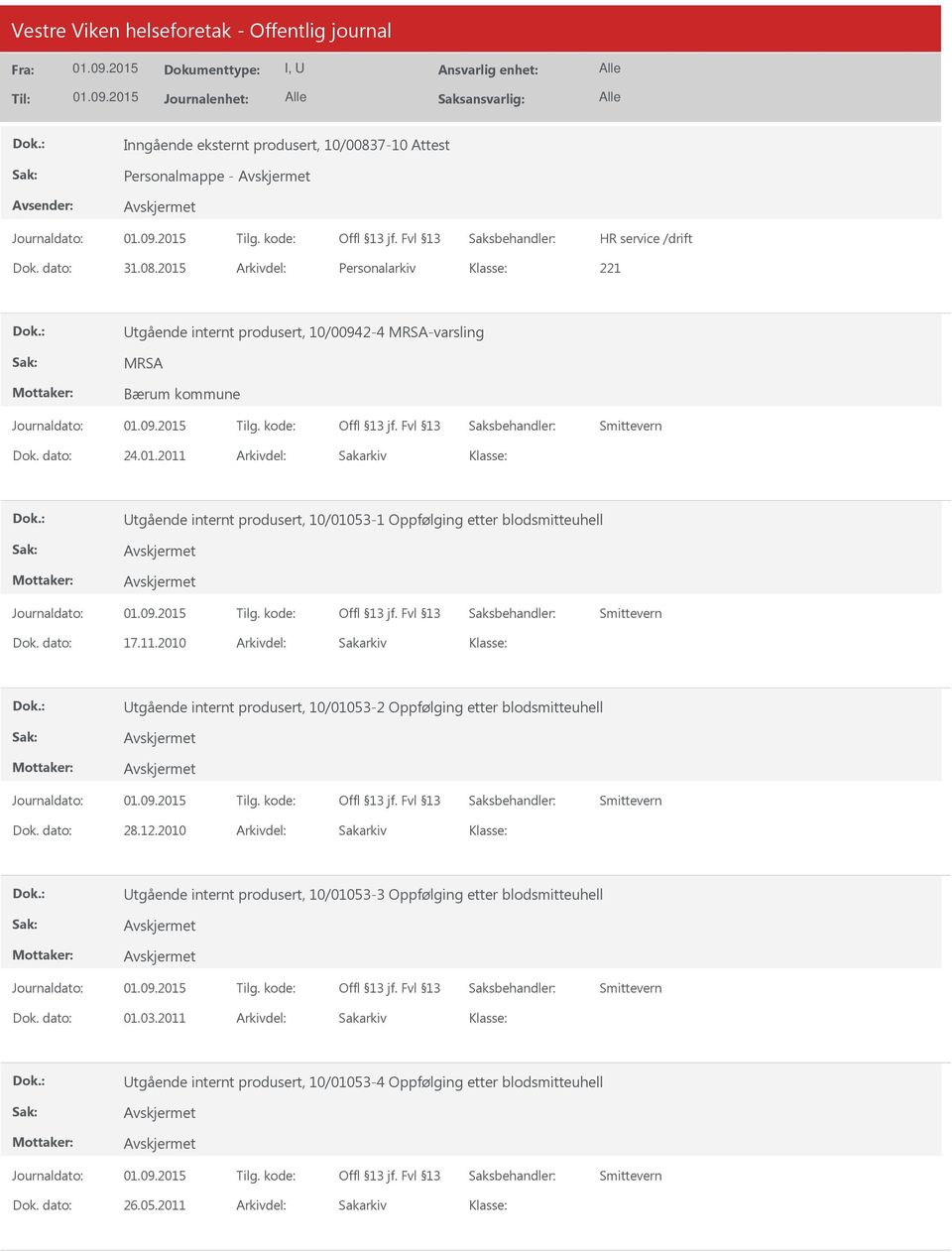 2015 Personalarkiv tgående internt produsert, 10/00942-4 MRSA-varsling MRSA Bærum kommune 24.01.2011 tgående internt produsert, 10/01053-1 Oppfølging etter blodsmitteuhell 17.