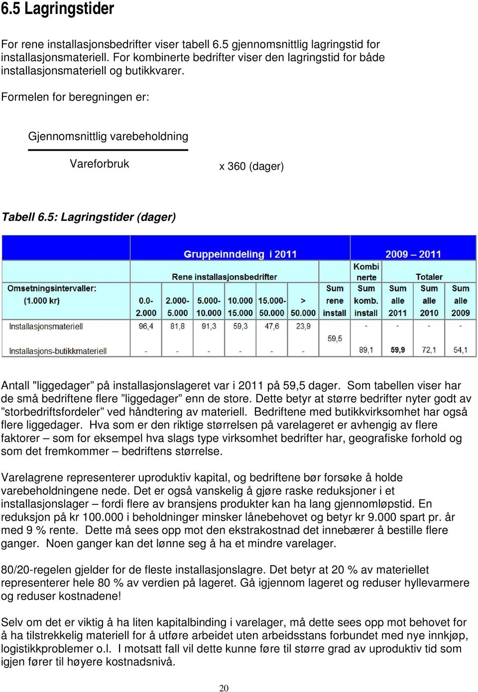 5: Lagringstider (dager) Antall "liggedager på installasjonslageret var i 2011 på 59,5 dager. Som tabellen viser har de små bedriftene flere liggedager enn de store.