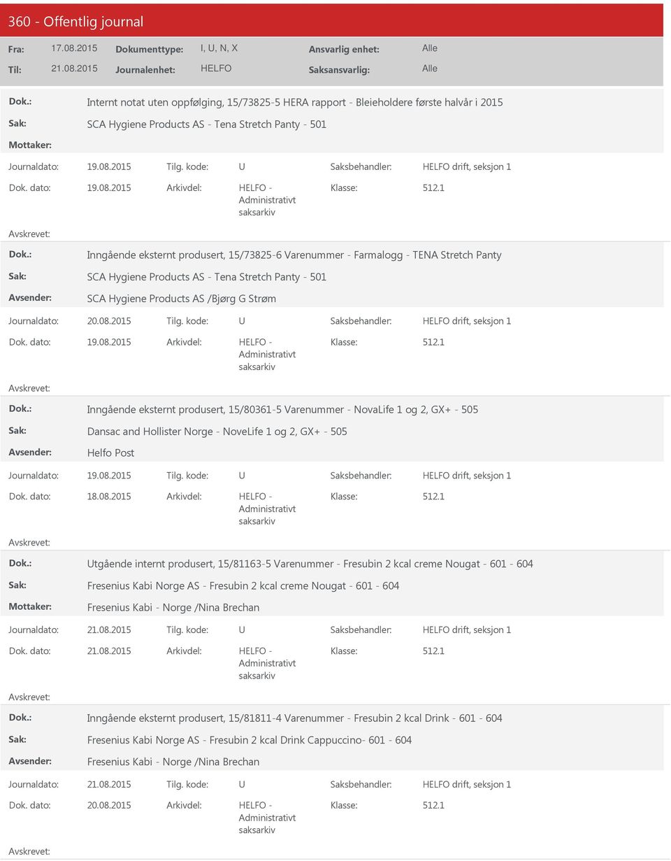 2015 Inngående eksternt produsert, 15/80361-5 Varenummer - NovaLife 1 og 2, GX+ - 505 Dansac and Hollister Norge - NoveLife 1 og 2, GX+ - 505 Helfo Post 18.08.