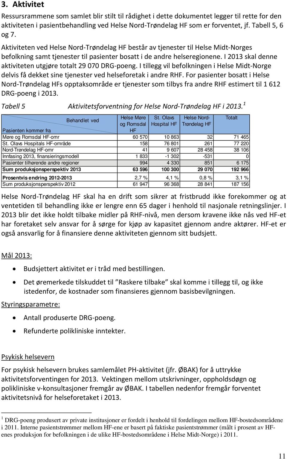 I 2013 skal denne aktiviteten utgjøre totalt 29 070 DRG poeng. I tillegg vil befolkningen i Helse Midt Norge delvis få dekket sine tjenester ved helseforetak i andre RHF.