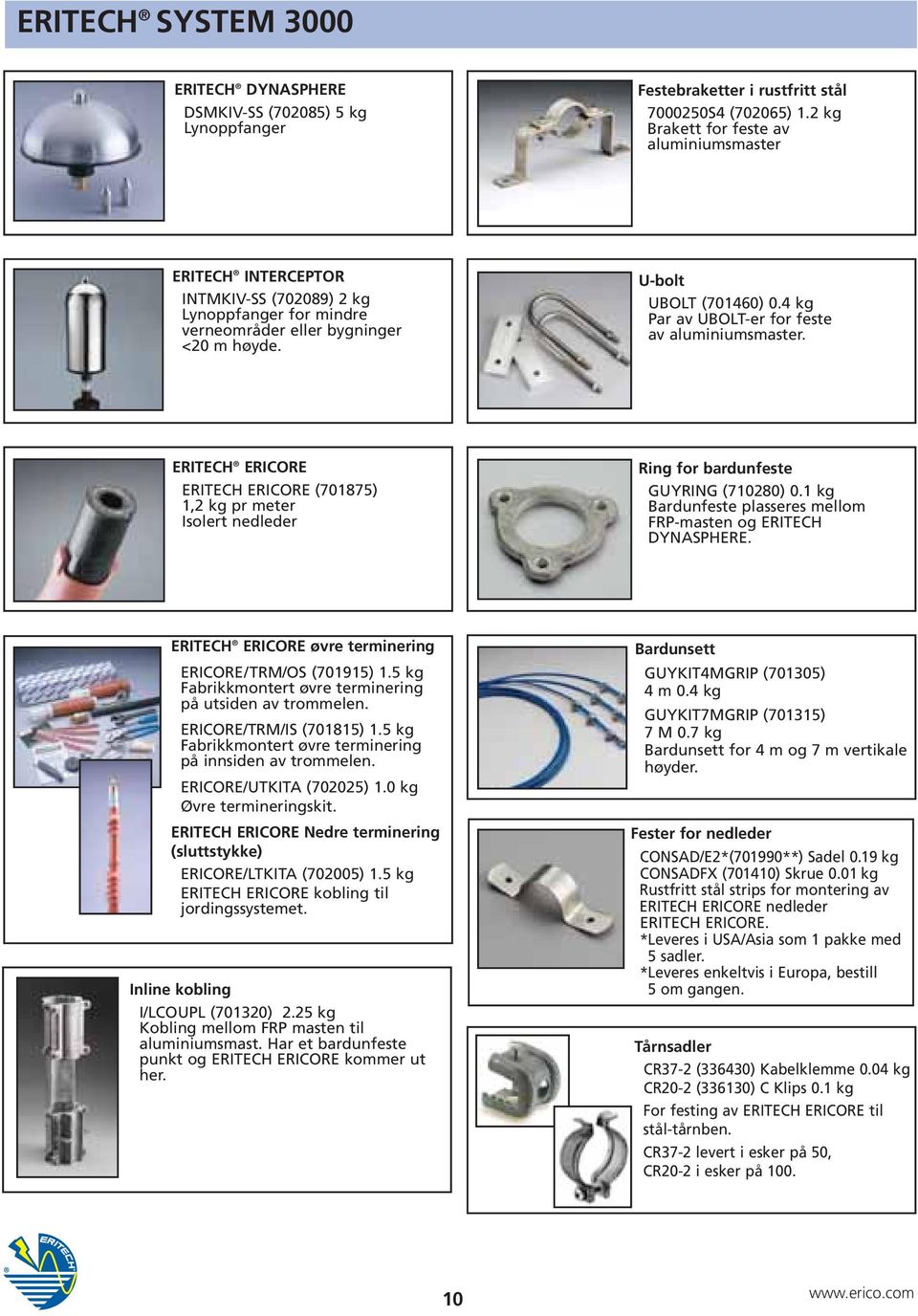 4 kg Par av UBOLT-er for feste av aluminiumsmaster. ERITECH ERICORE ERITECH ERICORE (701875) 1,2 kg pr meter Isolert nedleder Ring for bardunfeste GUYRING (710280) 0.