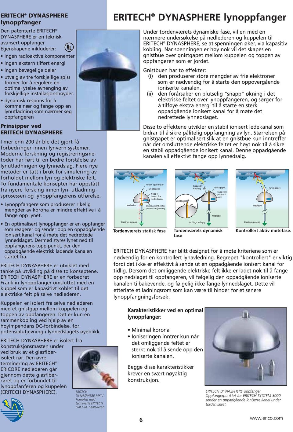 dynamisk respons for å komme nær og fange opp en lynutladning som nærmer seg oppfangeren Prinsipper ved ERITECH DYNASPHERE I mer enn 200 år ble det gjort få forbedringer innen lynvern systemer.