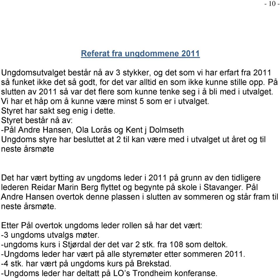 Styret består nå av: -Pål Andre Hansen, Ola Lorås og Kent j Dolmseth Ungdoms styre har besluttet at 2 til kan være med i utvalget ut året og til neste årsmøte Det har vært bytting av ungdoms leder i