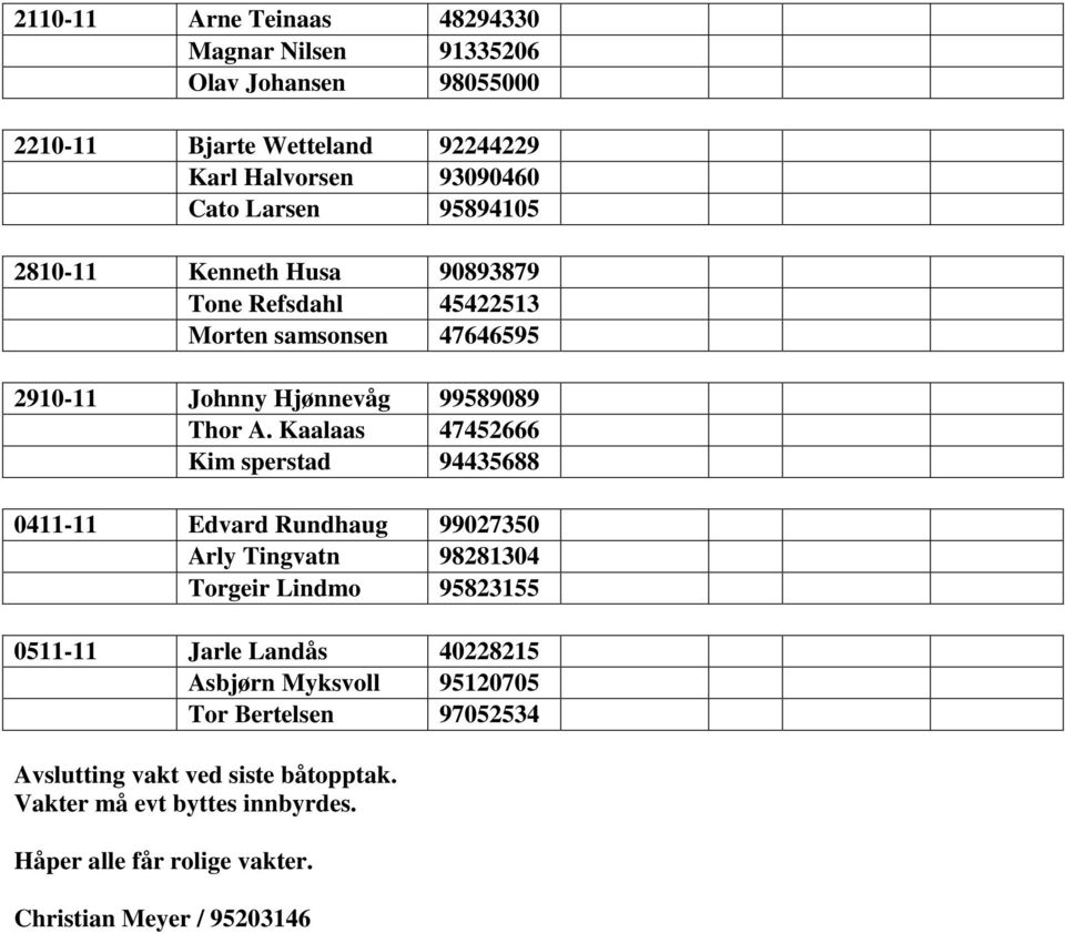Kaalaas 47452666 Kim sperstad 94435688 0411-11 Edvard Rundhaug 99027350 Arly Tingvatn 98281304 Torgeir Lindmo 95823155 0511-11 Jarle Landås 40228215