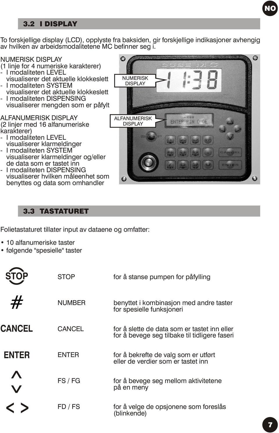 DISPENSING visualiserer mengden som er påfylt ALFANUMERISK DISPLAY (2 linjer med 16 alfanumeriske karakterer) - I modaliteten LEVEL visualiserer klarmeldinger - I modaliteten SYSTEM visualiserer