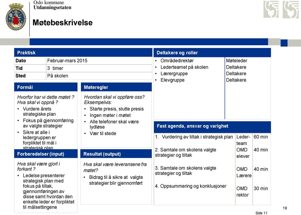 Vurdere årets strategiske plan Fokus på gjennomføring av valgte strategier Sikre at alle i ledergruppen er forpliktet til mål i strategisk plan Forberedelser (input) Hva skal være gjort i forkant?