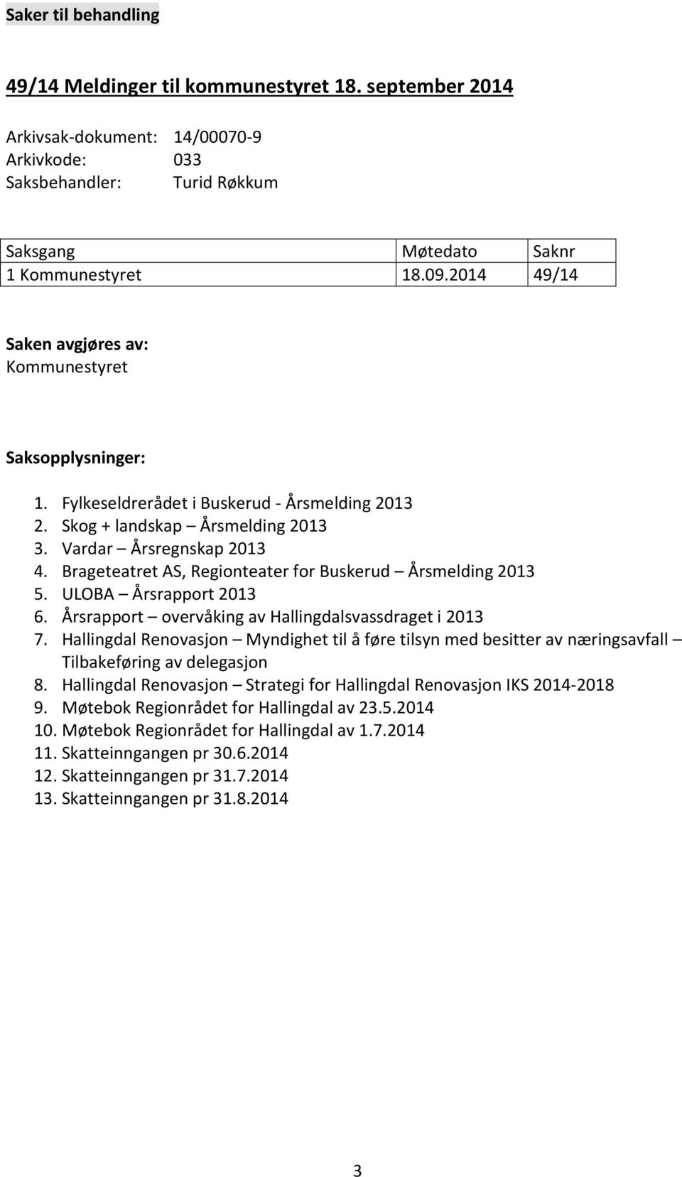 Brageteatret AS, Regionteater for Buskerud Årsmelding 2013 5. ULOBA Årsrapport 2013 6. Årsrapport overvåking av Hallingdalsvassdraget i 2013 7.