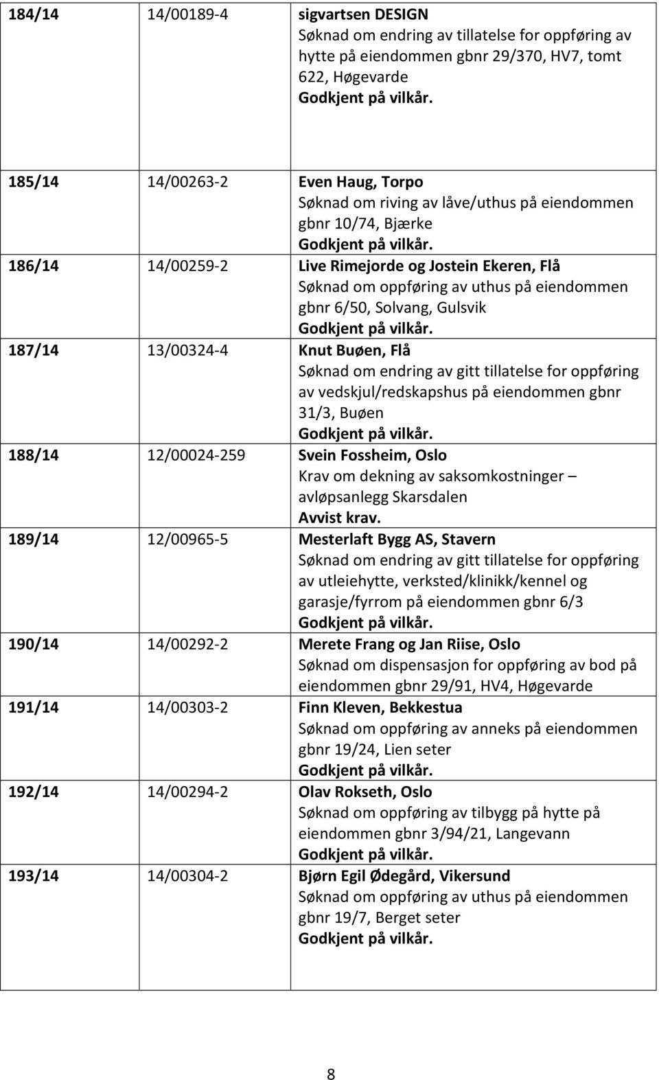 Buøen, Flå Søknad om endring av gitt tillatelse for oppføring av vedskjul/redskapshus på eiendommen gbnr 31/3, Buøen 188/14 12/00024-259 Svein Fossheim, Oslo Krav om dekning av saksomkostninger