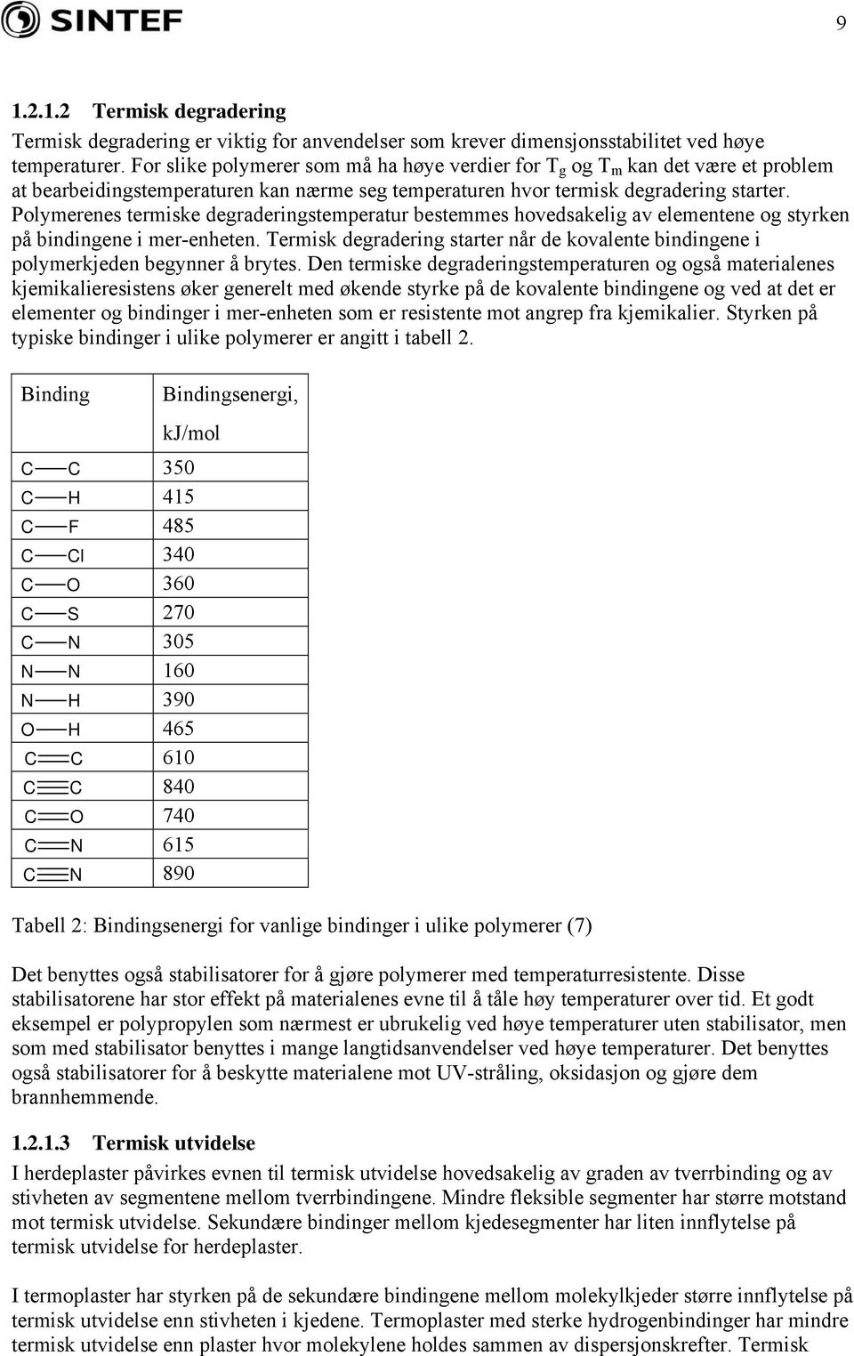 Polymerenes termiske degraderingstemperatur bestemmes hovedsakelig av elementene og styrken på bindingene i mer-enheten.