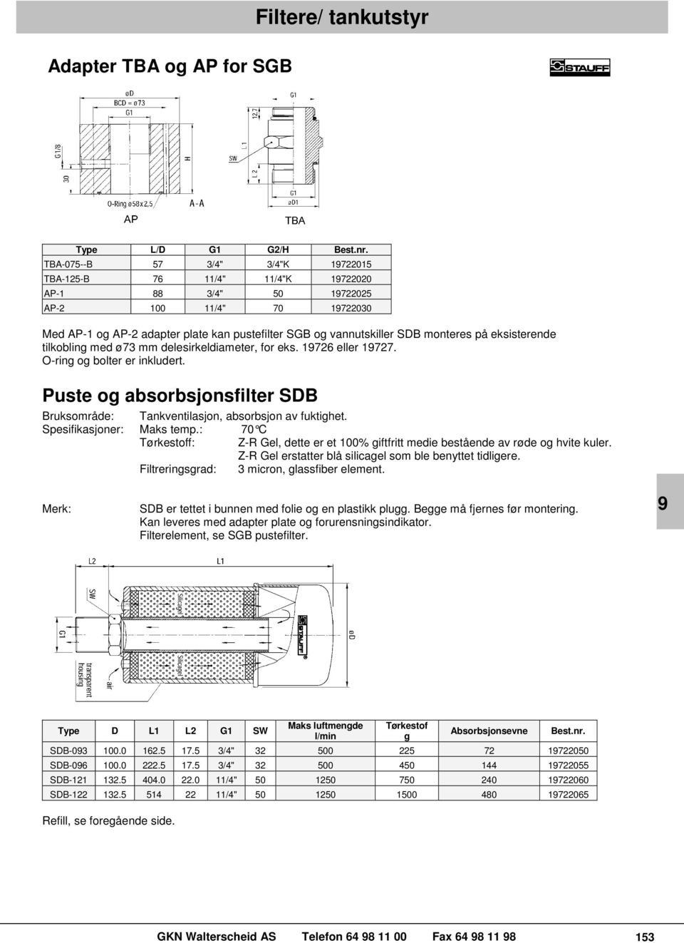 Puste og absorbsjonsfilter SDB Bruksområde: Tankventilasjon, absorbsjon av fuktighet. Spesifikasjoner: Maks temp.