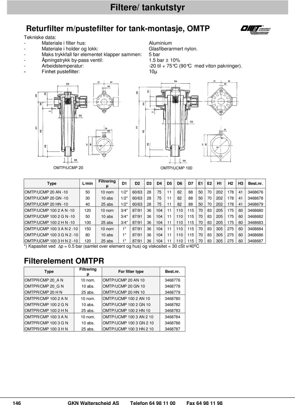 - Finhet pustefilter: 10 L/min D1 D2 D3 D4 D5 D6 D7 E1 E2 H1 H2 H3 OMTP/UCMP 20 AN -10 50 10 nom 1/2" 60/63 28 75 11 82 88 50 70 202 178 41 3468676 OMTP/UCMP 20 GN -10 30 10 abs 1/2" 60/63 28 75 11