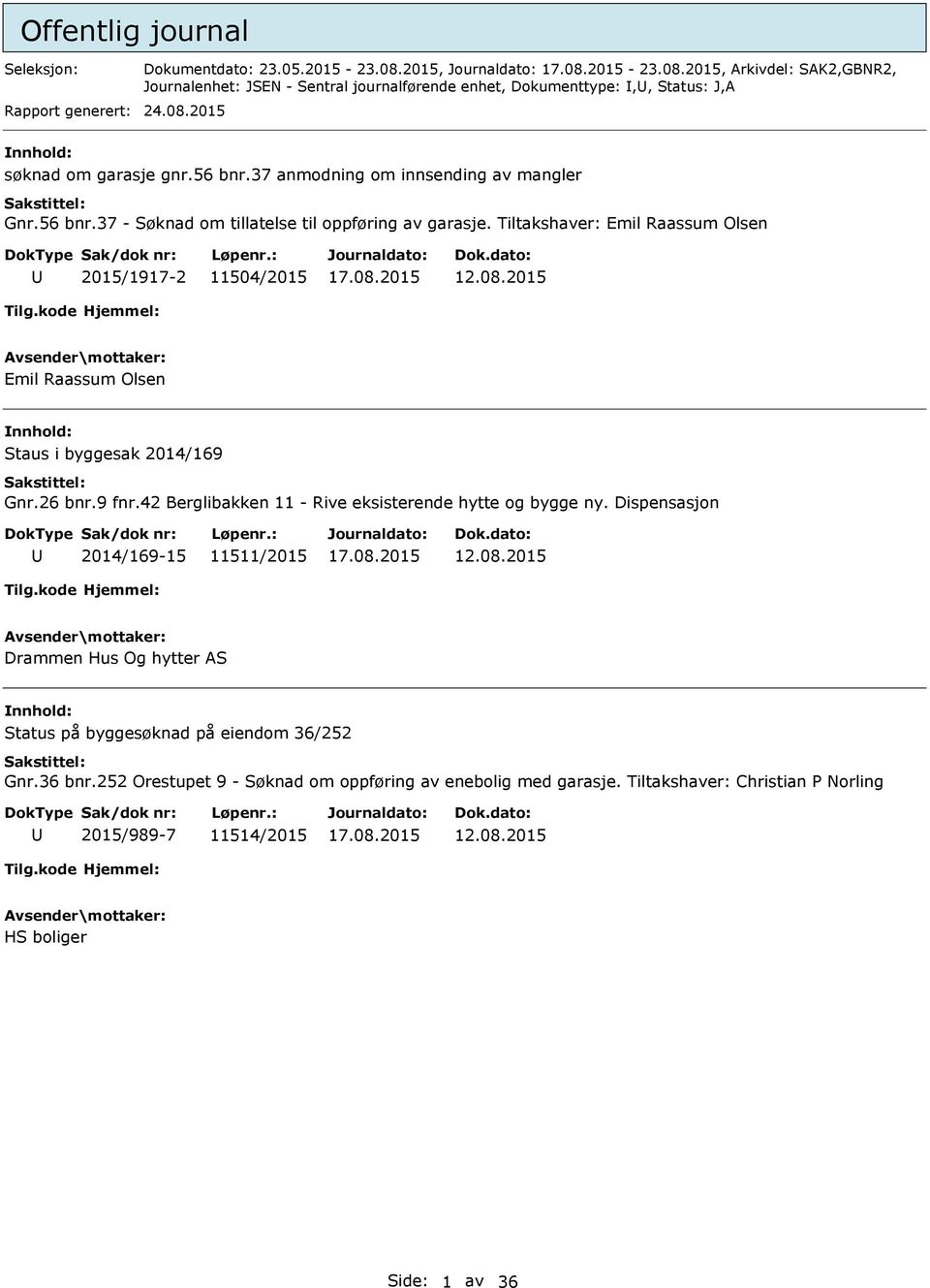 26 bnr.9 fnr.42 Berglibakken 11 - Rive eksisterende hytte og bygge ny. Dispensasjon 2014/169-15 11511/2015 12.08.2015 Drammen Hus Og hytter AS Status på byggesøknad på eiendom 36/252 Gnr.36 bnr.