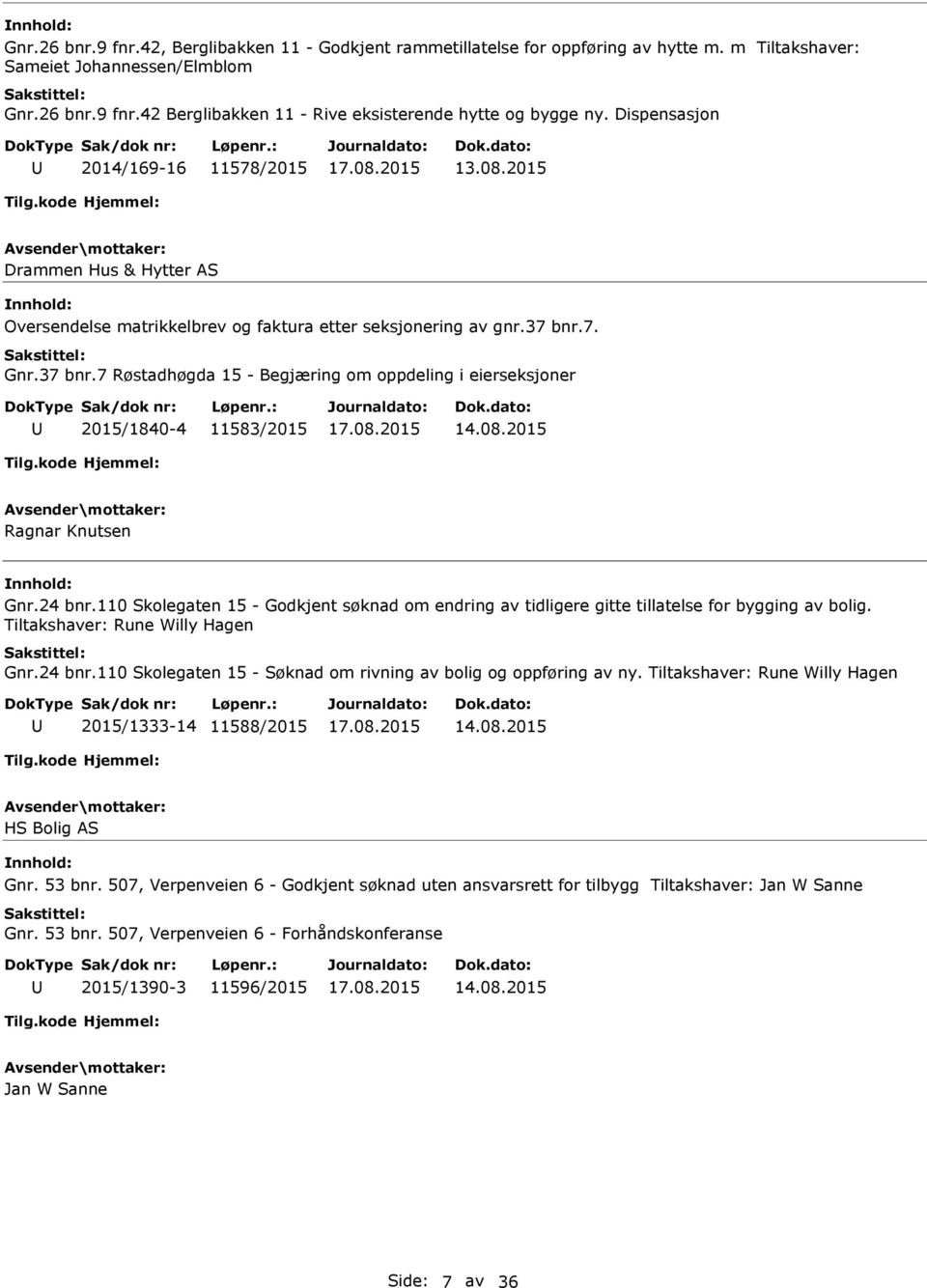 7. Gnr.37 bnr.7 Røstadhøgda 15 - Begjæring om oppdeling i eierseksjoner 2015/1840-4 11583/2015 14.08.2015 Ragnar Knutsen Gnr.24 bnr.