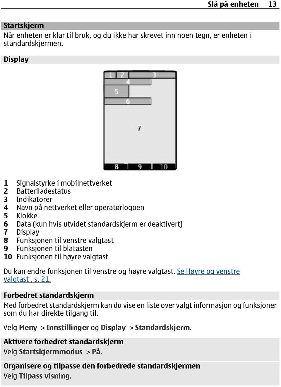 Funksjonen til venstre valgtast 9 Funksjonen til blatasten 10 Funksjonen til høyre valgtast Du kan endre funksjonen til venstre og høyre valgtast. Se Høyre og venstre valgtast, s. 21.