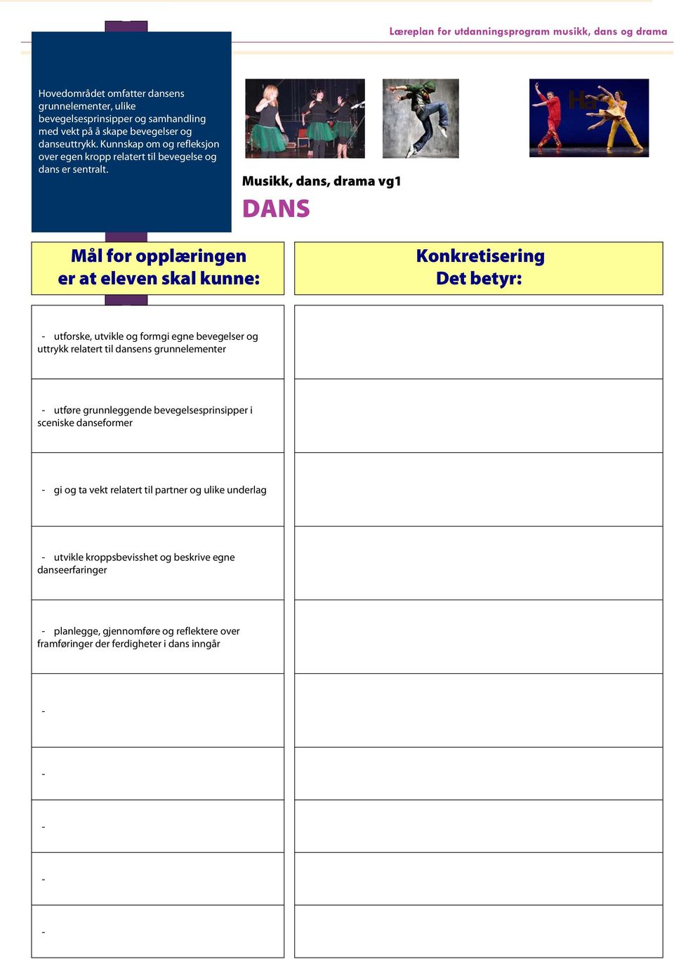 Musikk, dans, drama vg1 DANS Mål for opplæringen er at eleven skal kunne: Konkretisering Det betyr: utforske, utvikle og formgi egne bevegelser og uttrykk relatert til