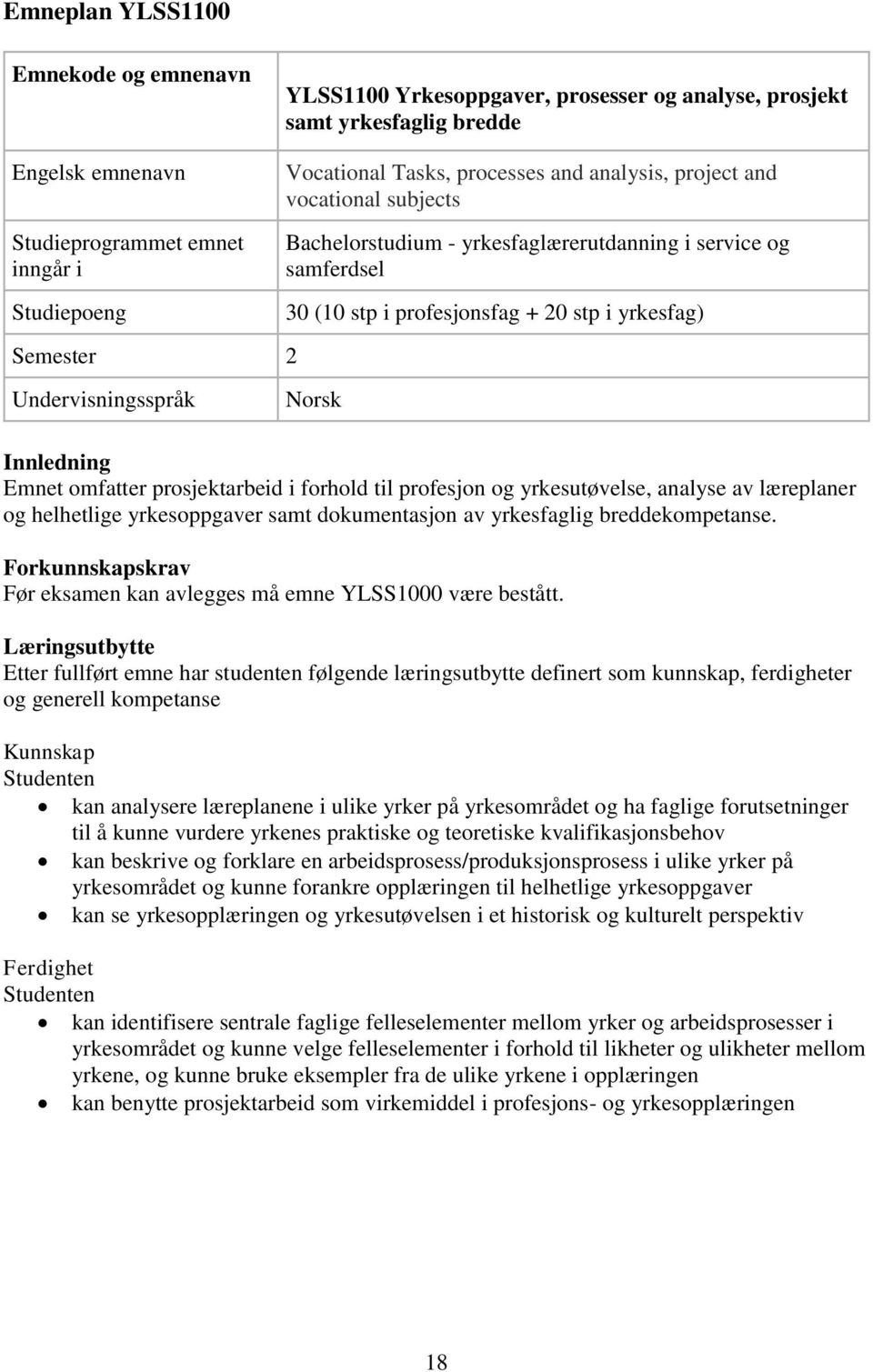 Norsk Innledning Emnet omfatter prosjektarbeid i forhold til profesjon og yrkesutøvelse, analyse av læreplaner og helhetlige yrkesoppgaver samt dokumentasjon av yrkesfaglig breddekompetanse.