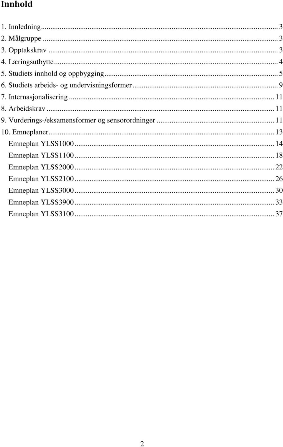 Arbeidskrav... 11 9. Vurderings-/eksamensformer og sensorordninger... 11 10. Emneplaner... 13 Emneplan YLSS1000.