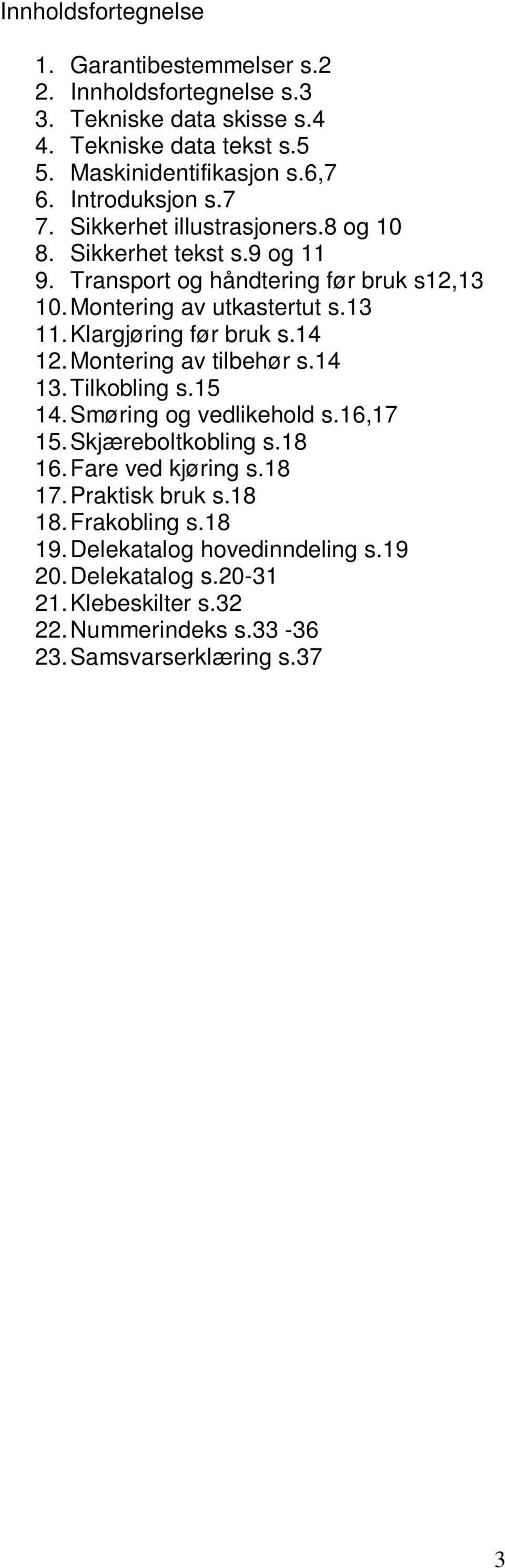 Klargjøring før bruk s.14 12. Montering av tilbehør s.14 13. Tilkobling s.15 14. Smøring og vedlikehold s.16,17 15. Skjæreboltkobling s.18 16. Fare ved kjøring s.18 17.