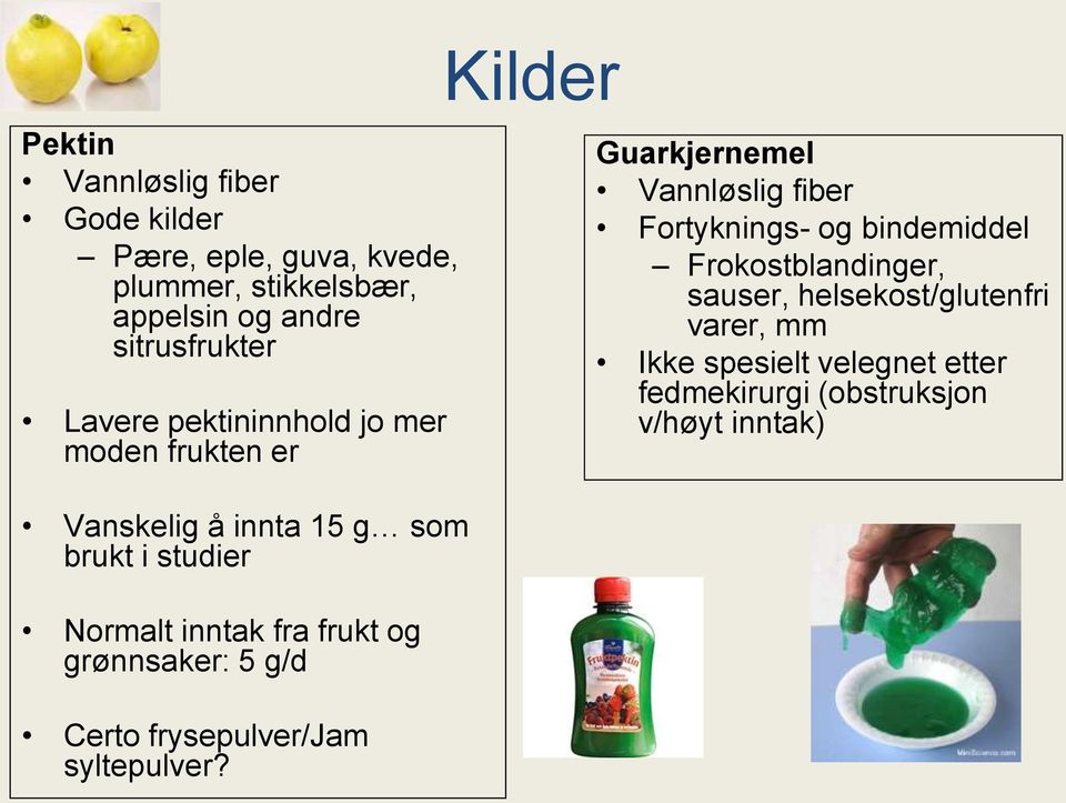 Frokostblandinger, sauser, helsekost/glutenfri varer, mm Ikke spesielt velegnet etter fedmekirurgi (obstruksjon v/høyt