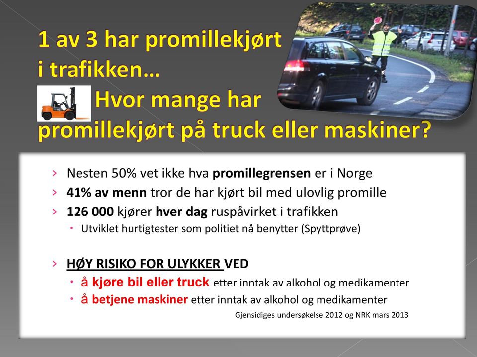 benytter (Spyttprøve) HØY RISIKO FOR ULYKKER VED å kjøre bil eller truck etter inntak av alkohol og