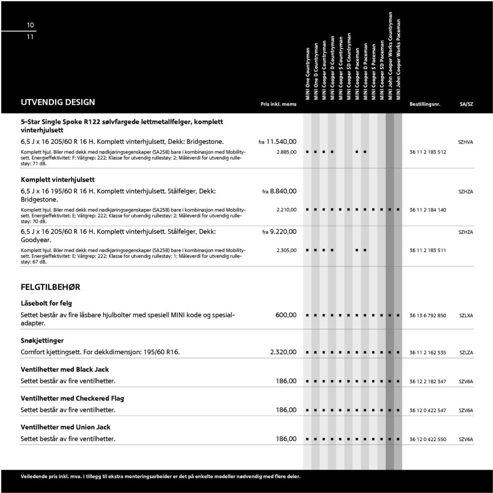 Komplett vinterhjulsett. Stålfelger, Dekk: Bridgestone. Komplett hjul. Biler med dekk med nødkjøringsegenskaper (SA258) bare i kombinasjon med Mobilitysett.