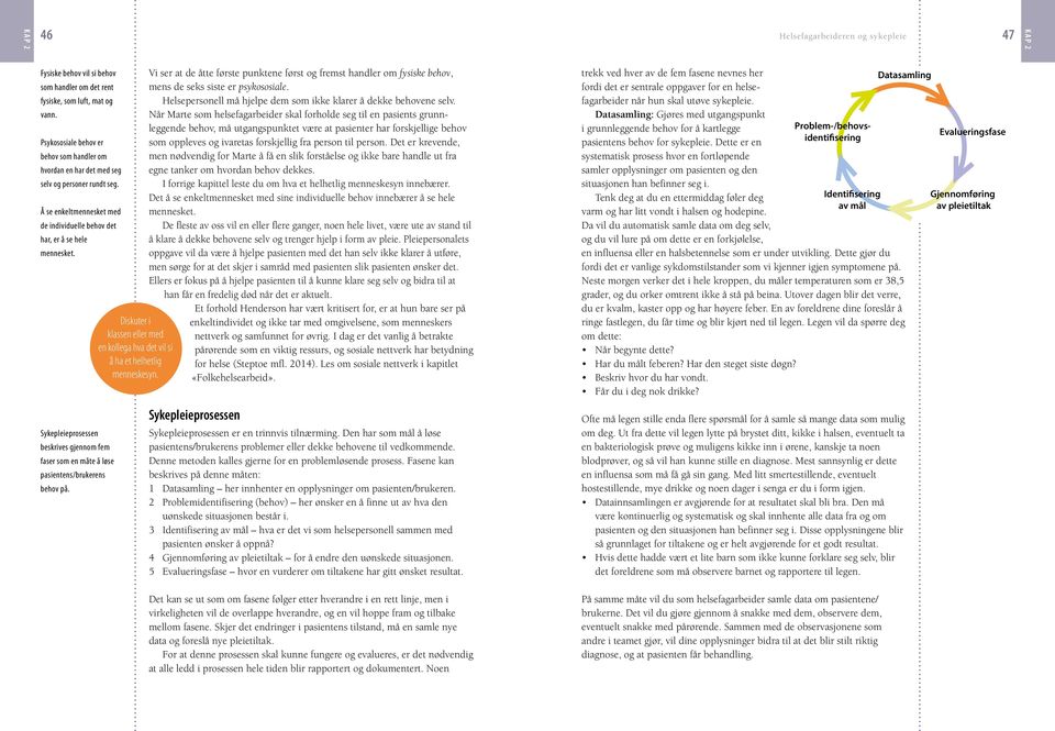 Sykepleieprosessen beskrives gjennom fem faser som en måte å løse pasientens/brukerens behov på. Diskuter i klassen eller med en kollega hva det vil si å ha et helhetlig menneskesyn.