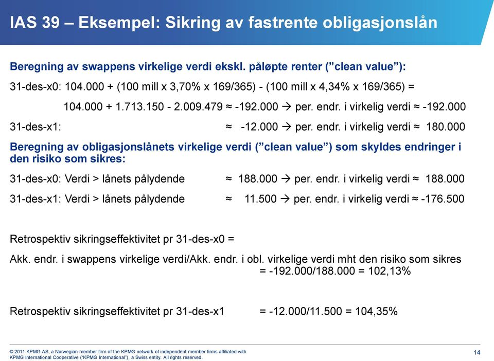 000 Beregning av obligasjonslånets virkelige verdi ( clean value ) som skyldes endringer i den risiko som sikres: 31-des-x0: Verdi > lånets pålydende 188.000 per. endr. i virkelig verdi 188.