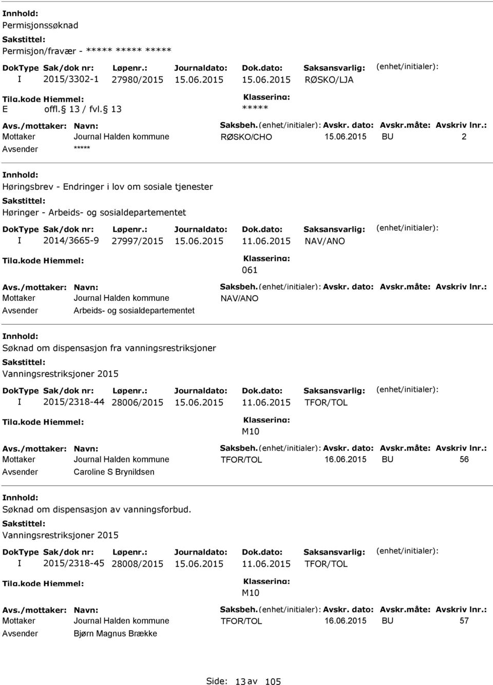 2015 NAV/ANO 061 NAV/ANO Avsender Arbeids- og sosialdepartementet nnhold: Søknad om dispensasjon fra vanningsrestriksjoner Vanningsrestriksjoner 2015