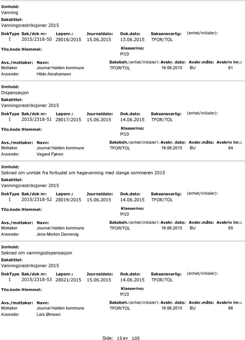 2015 TFOR/TOL M10 TFOR/TOL BU 64 Avsender Vegard Fjøren nnhold: Søknad om unntak fra forbudet om hagevanning med slange sommeren 2015 Vanningsrestriksjoner