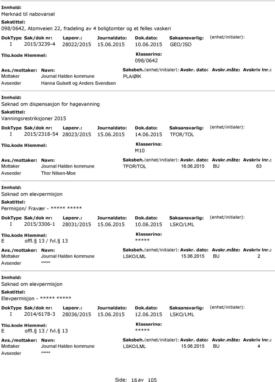 2015 GO/JSO 098/0642 LA/ØK Avsender Hanna Gulsett og Anders Svendsen nnhold: Søknad om dispensasjon for hagevanning Vanningsrestriksjoner 2015