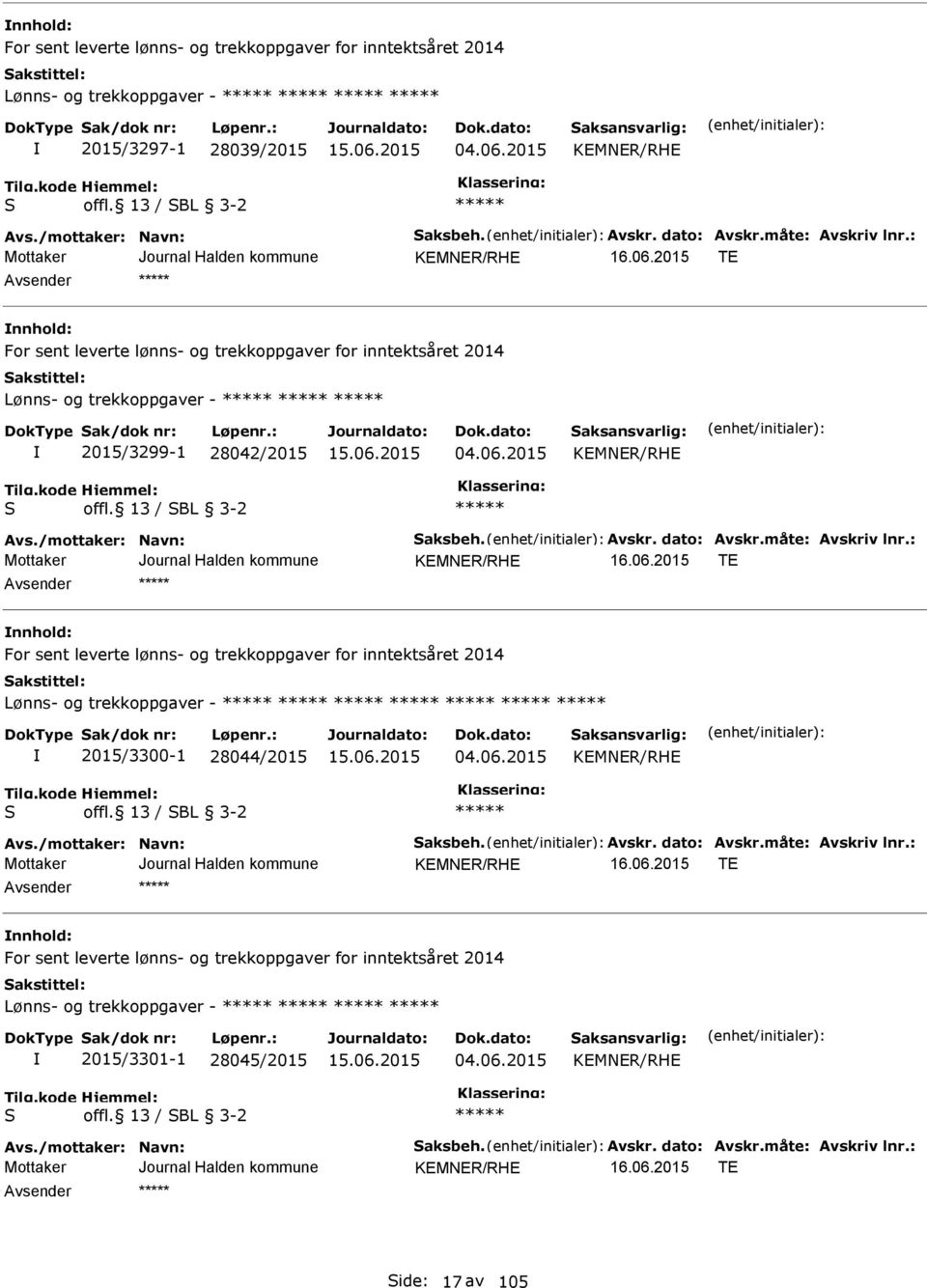 13 / SBL 3-2 KMNR/RH T nnhold: For sent leverte lønns- og trekkoppgaver for inntektsåret 2014 Lønns- og trekkoppgaver - 2015/3300-1 28044/2015 04.06.2015 KMNR/RH S offl.