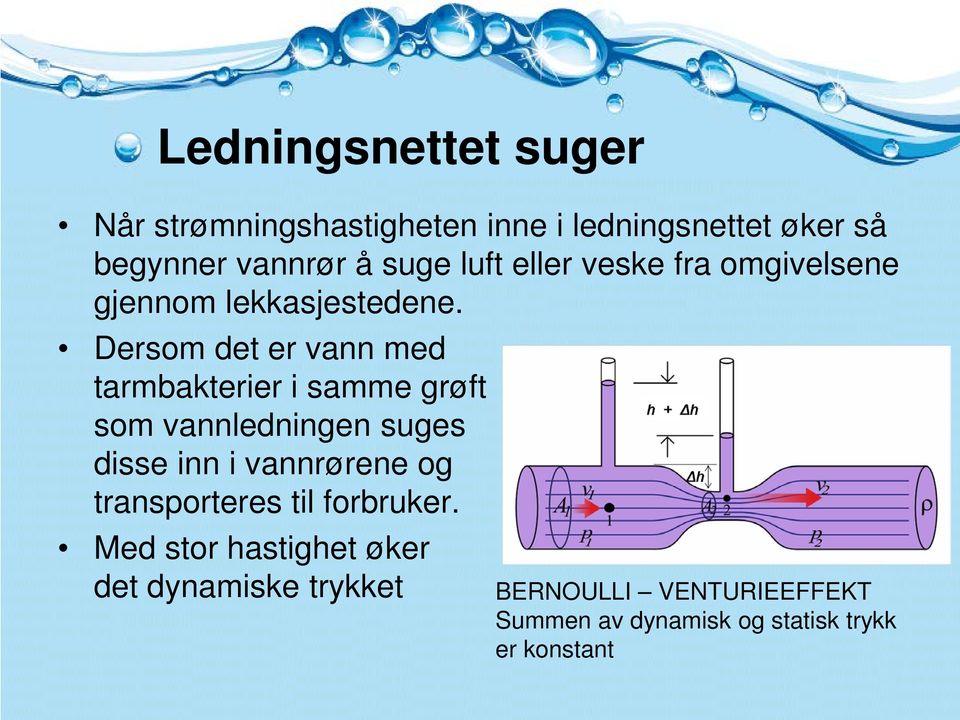 Dersom det er vann med tarmbakterier i samme grøft som vannledningen suges disse inn i vannrørene og