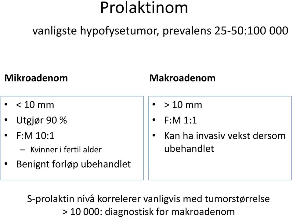 Makroadenom > 10 mm F:M 1:1 Kan ha invasiv vekst dersom ubehandlet