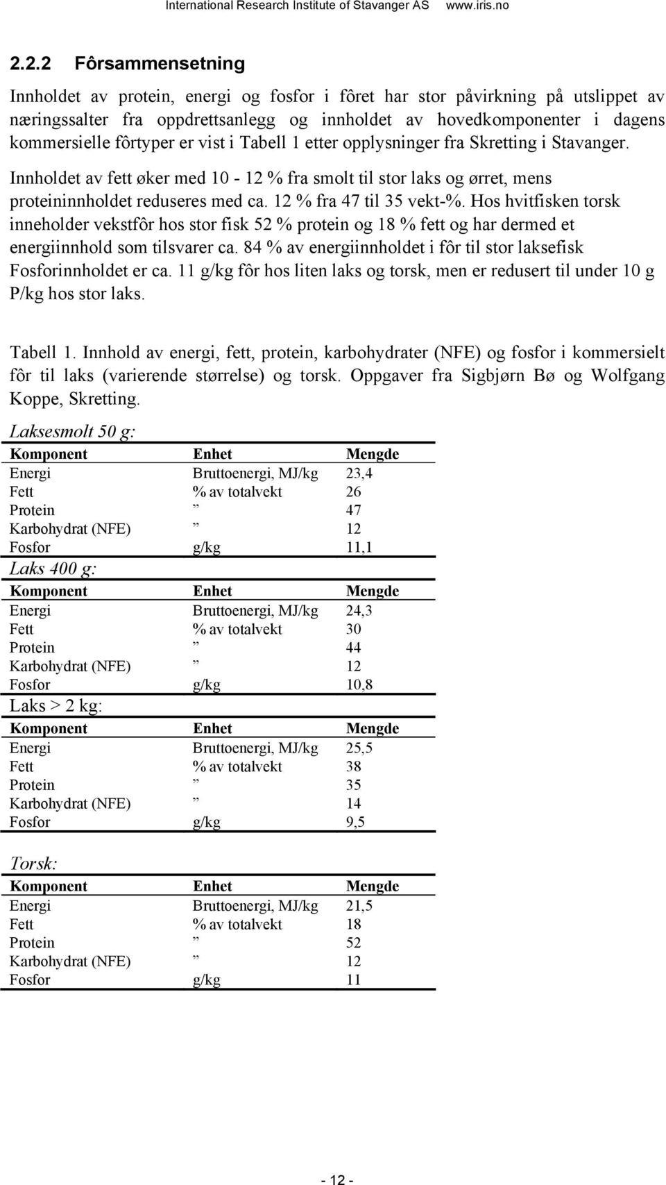 12 % fra 47 til 35 vekt-%. Hos hvitfisken torsk inneholder vekstfôr hos stor fisk 52 % protein og 18 % fett og har dermed et energiinnhold som tilsvarer ca.