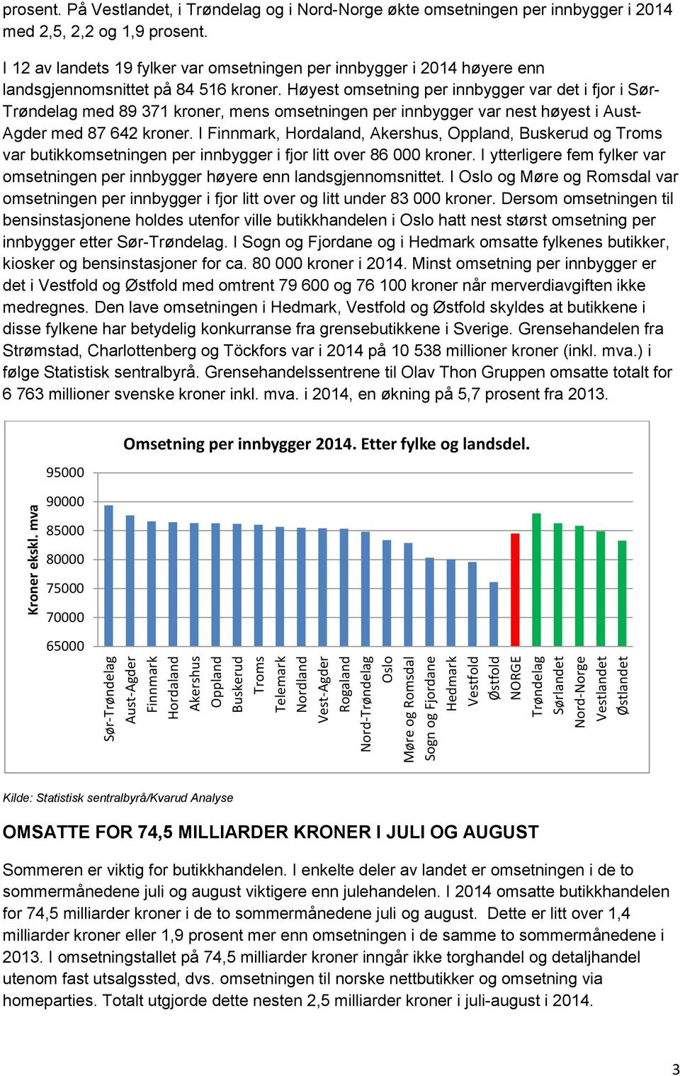 I 12 av landets 19 fylker var omsetningen per innbygger i 2014 høyere enn landsgjennomsnittet på 84 516 kroner.