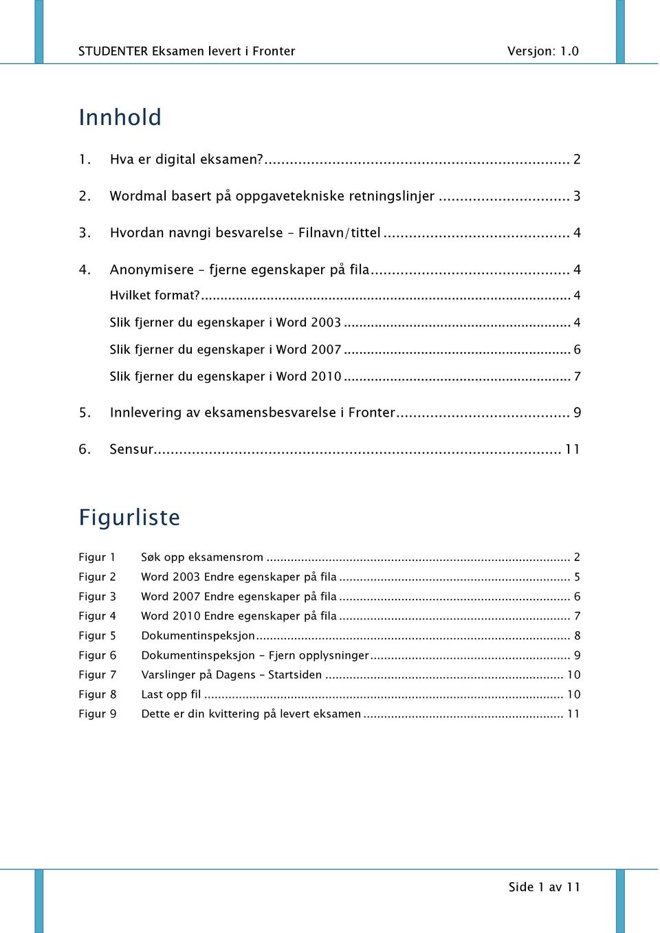 Innlevering av eksamensbesvarelse i Fronter... 9 6. Sensur... 11 Figurliste Figur 1 Søk opp eksamensrom... 2 Figur 2 Word 2003 Endre egenskaper på fila... 5 Figur 3 Word 2007 Endre egenskaper på fila.