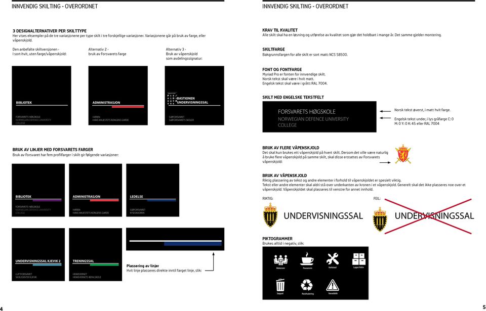 Den anbefalte skiltversjonen - Alternativ 2 - Alternativ 3 - I sort-hvit, uten farge/våpenskjold: bruk av Forsvarets farge Bruk av våpenskjold som avdelingssignatur: KRAV TIL KVALITET Alle skilt skal