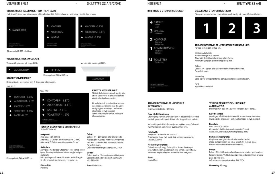 Skiltet plasseres ved trapp i forskjellige etasjer: INNE I HEIS / UTENFOR HEIS (23A) ETASJESKILT UTENFOR HEIS (23B) Plasseres utenfor heisen i hver etasje, godt synlig når man står inne i heisen: