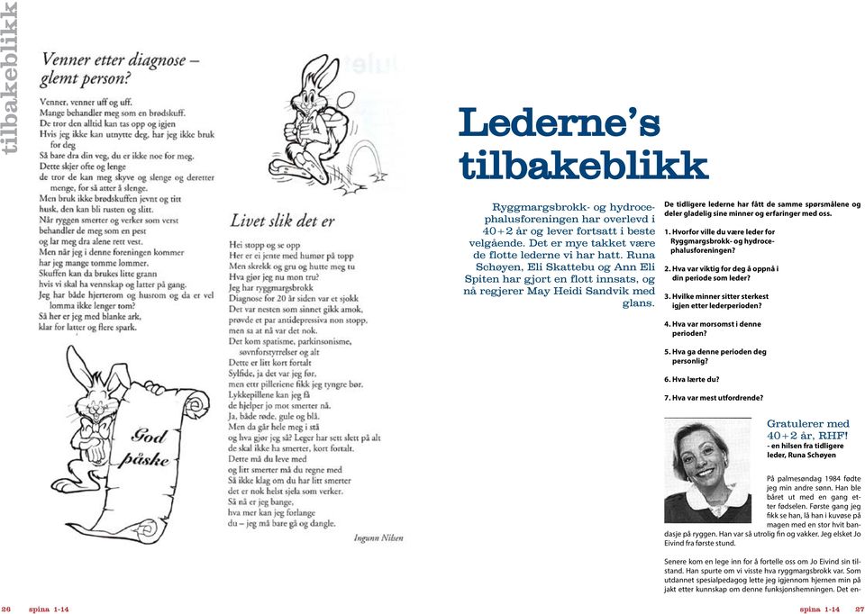 De tidligere lederne har fått de samme spørsmålene og deler gladelig sine minner og erfaringer med oss. 1. Hvorfor ville du være leder for Ryggmargsbrokk- og hydrocephalusforeningen? 2.