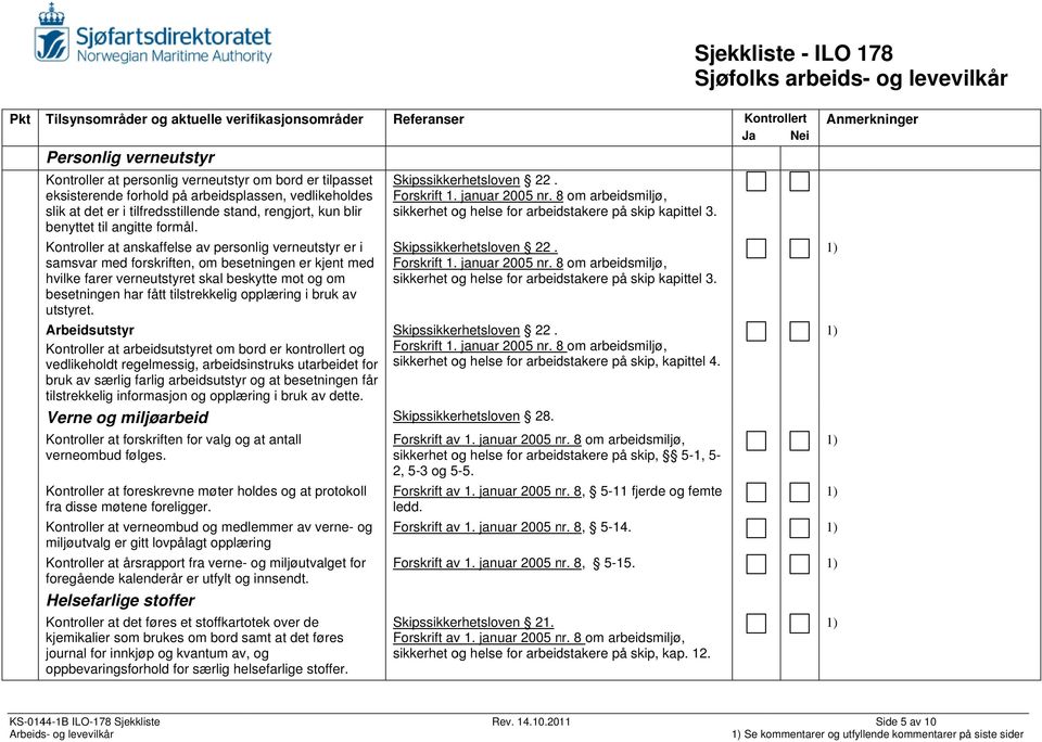 troller at anskaffelse av personlig verneutstyr er i samsvar med forskriften, om besetningen er kjent med hvilke farer verneutstyret skal beskytte mot og om besetningen har fått tilstrekkelig