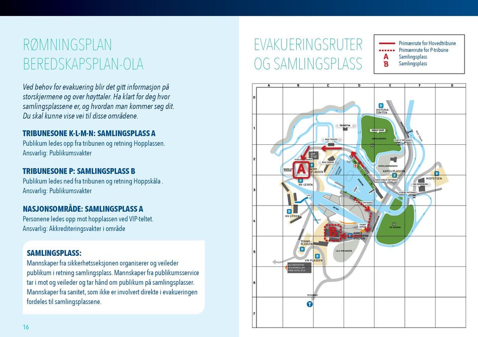 Ha klart for deg hvor 4 samlingsplassene er, og hvordan man kommer seg dit. Du skal kunne vise vei til disse områdene.