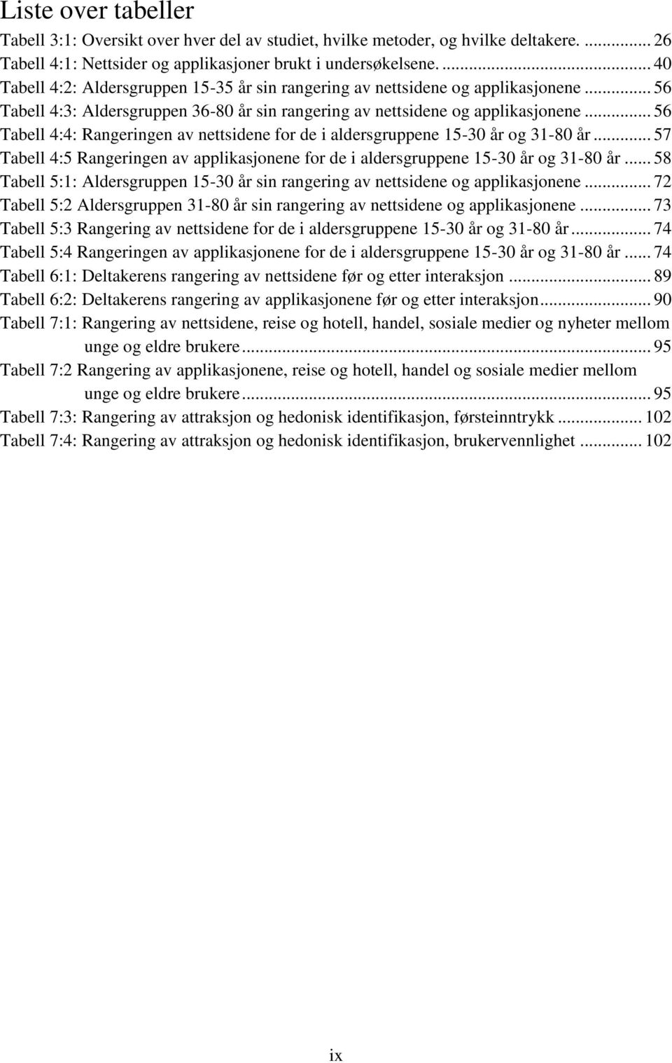 .. 56 Tabell 4:4: Rangeringen av nettsidene for de i aldersgruppene 15-30 år og 31-80 år... 57 Tabell 4:5 Rangeringen av applikasjonene for de i aldersgruppene 15-30 år og 31-80 år.